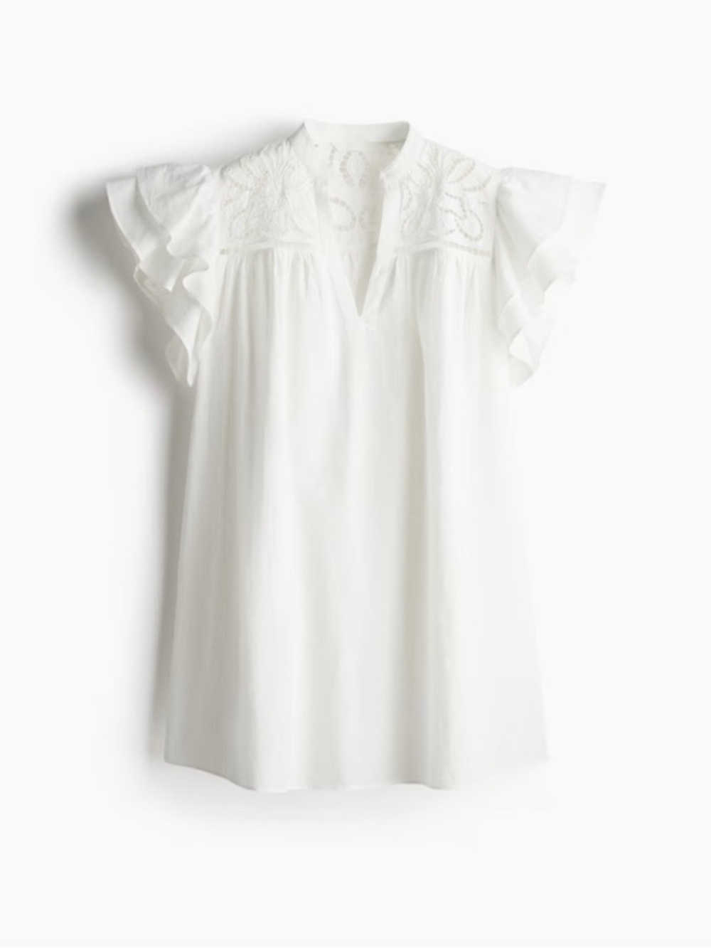 H&M White Embroidered Flutter-Sleeve Mini Dress